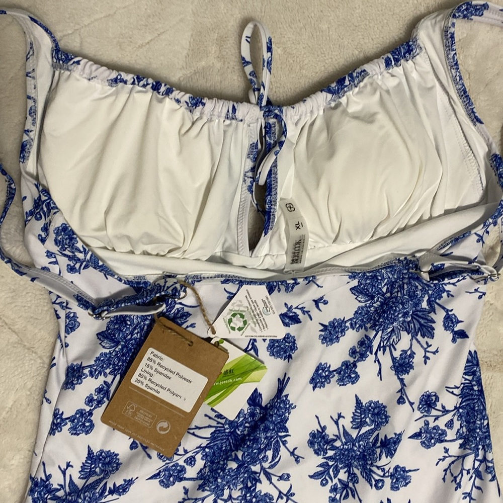 ✨NWT✨ BERLOOK FLORAL DRAWSTRING RUCHED ONE-PIECE SWIMSUIT SZ XL - Picture 3 of 8